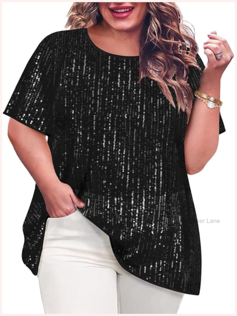 Plus Size Sparkly Sequin Top Crewneck Short Sleeve Party Tunic